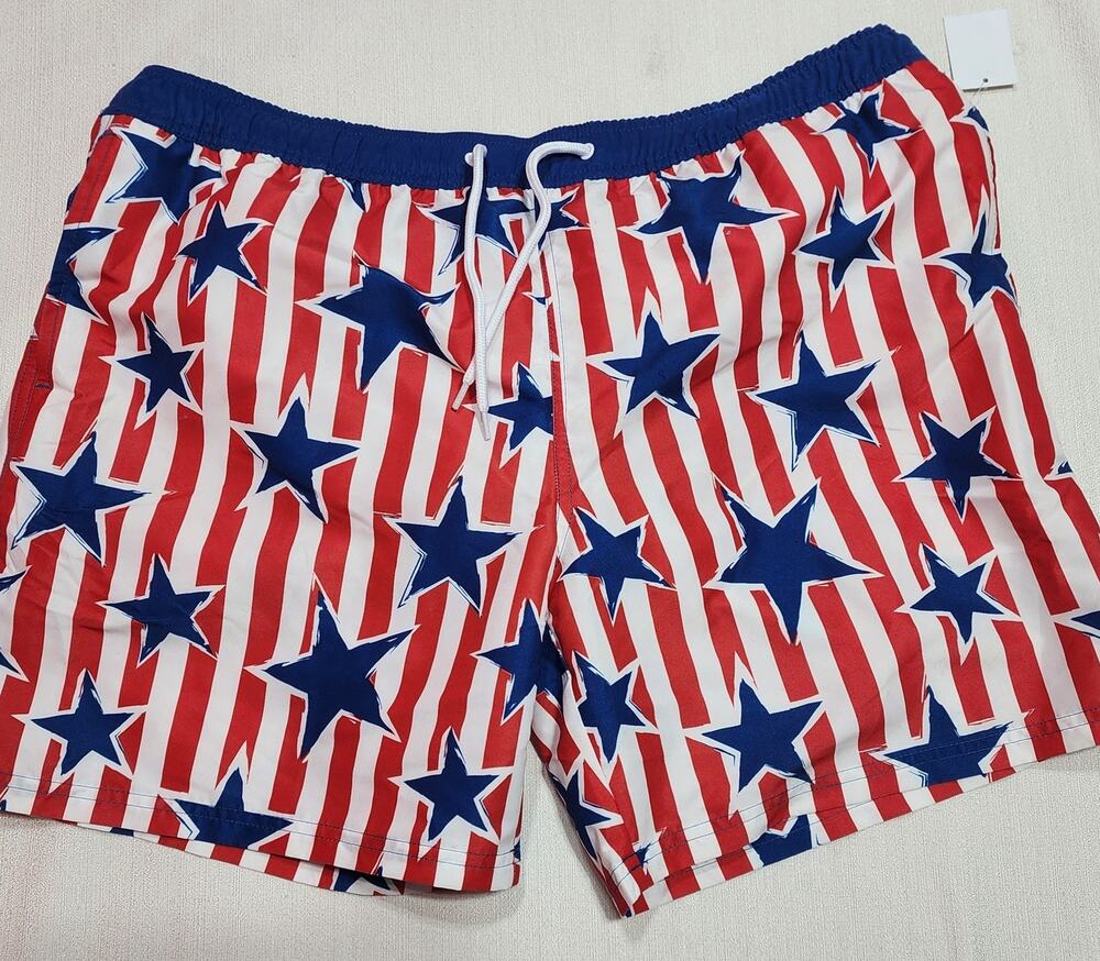 Mad Engine Men's XL Elastic Waist Stars & Stripes USA Flag Swim Trunks